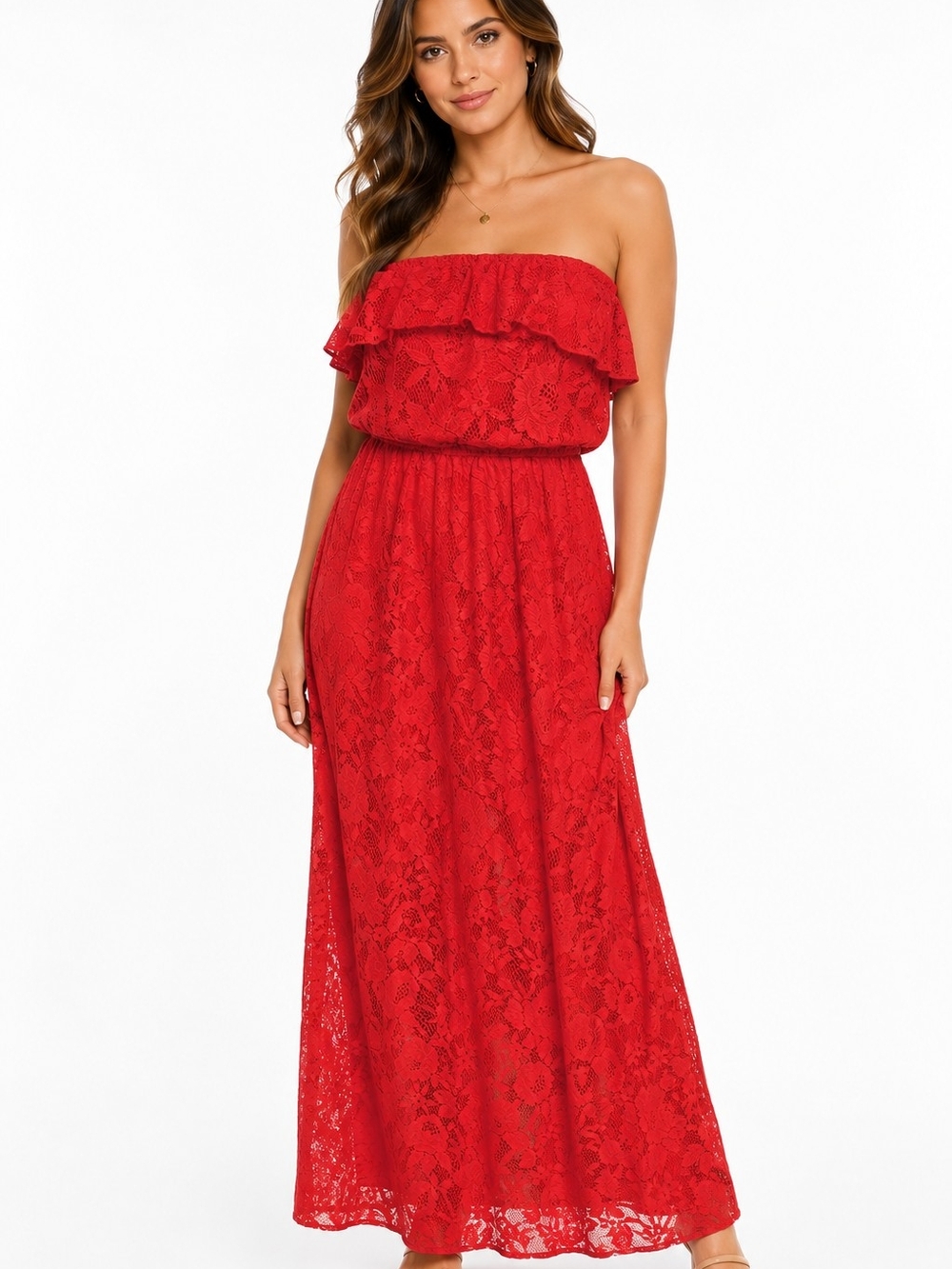 Trixxi Strapless Red Lace Ruffle Maxi Dress